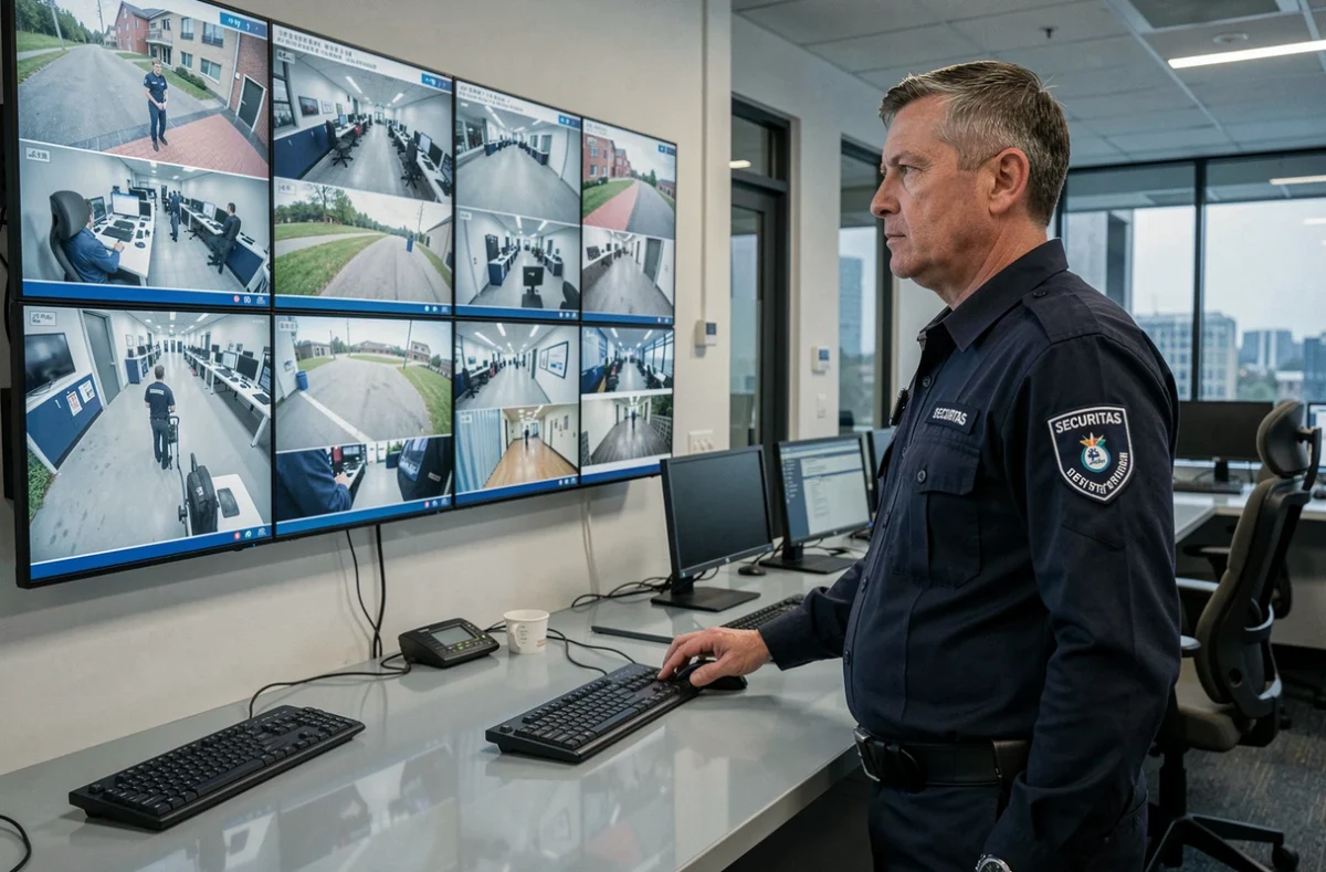 Agent Securitas supervisant des flux vidéo dans un centre de contrôle de sécurité