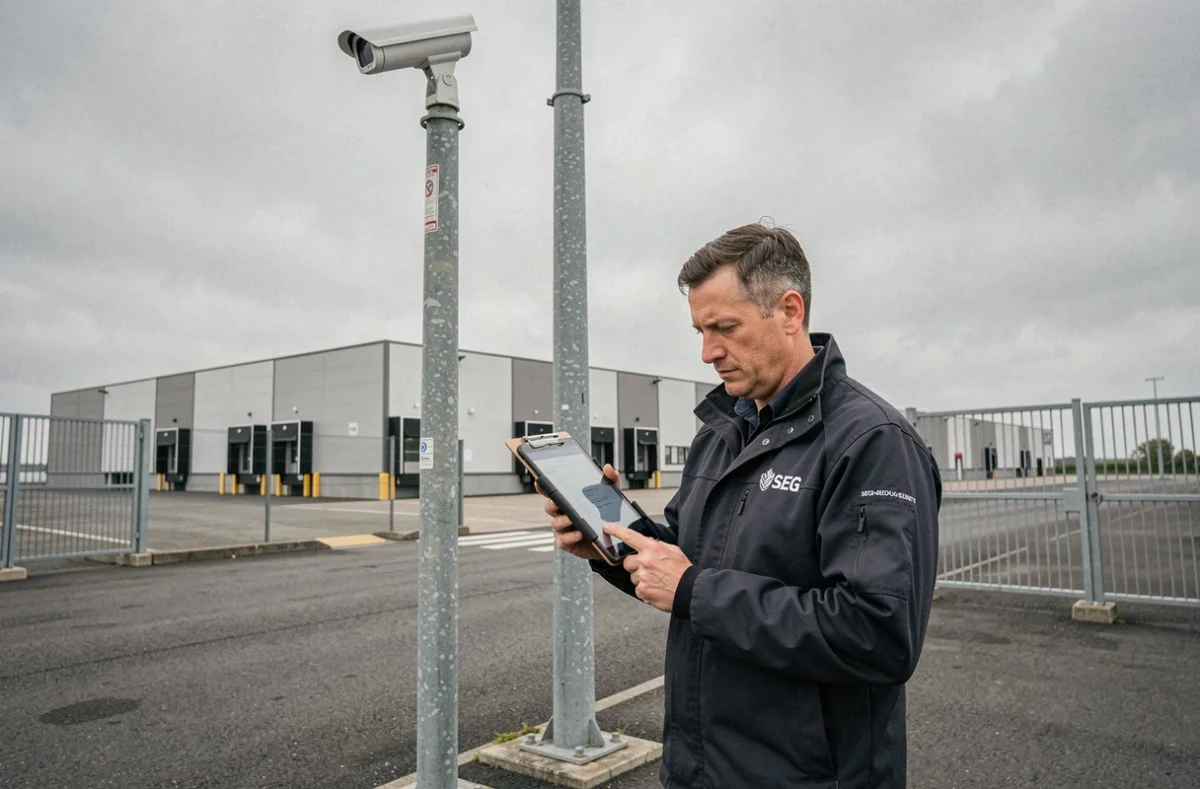 Technicien SEG testant une caméra PTZ extérieure sur un site industriel avec tablette