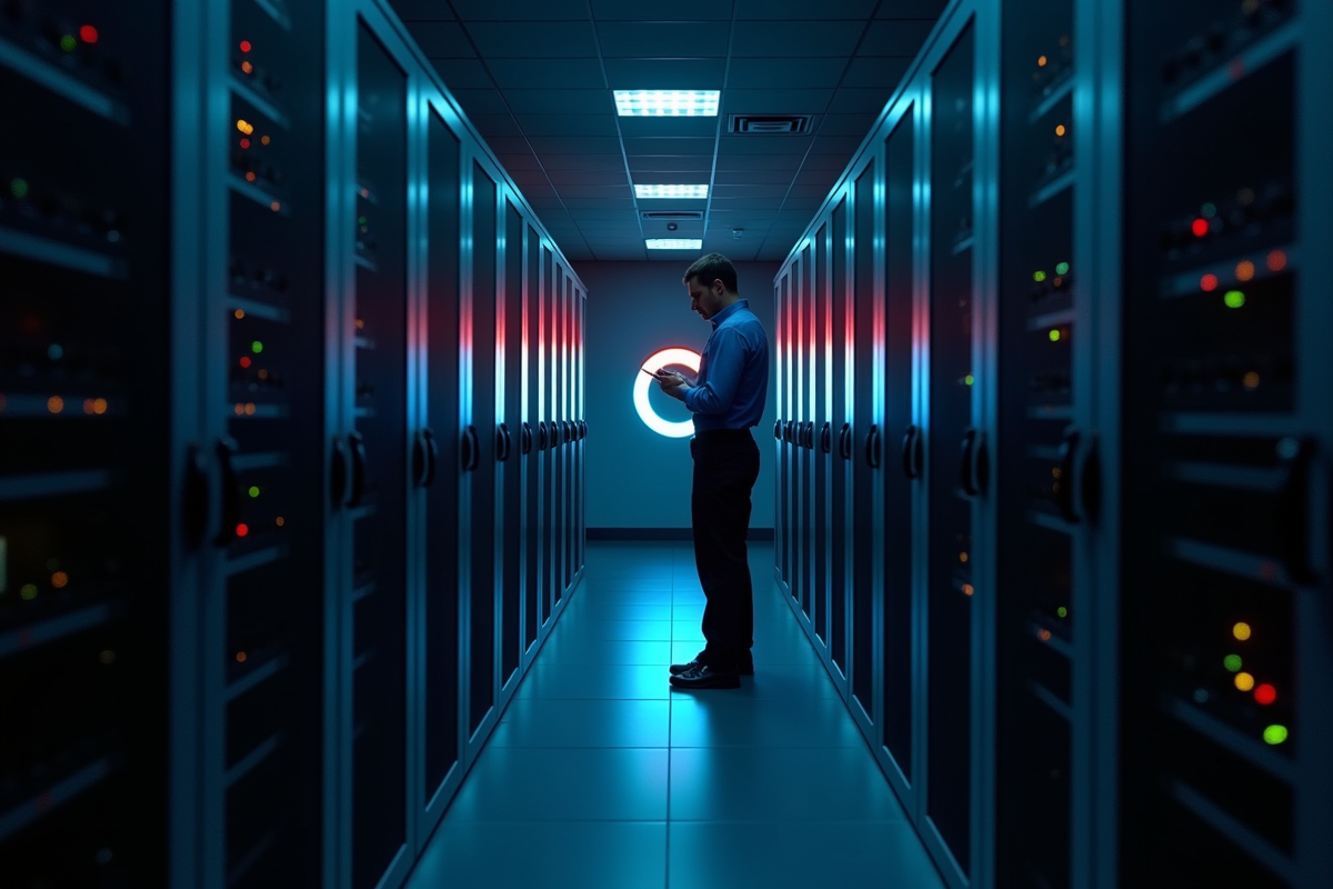 Salle serveurs avec logo Google et technicien utilisant une tablette