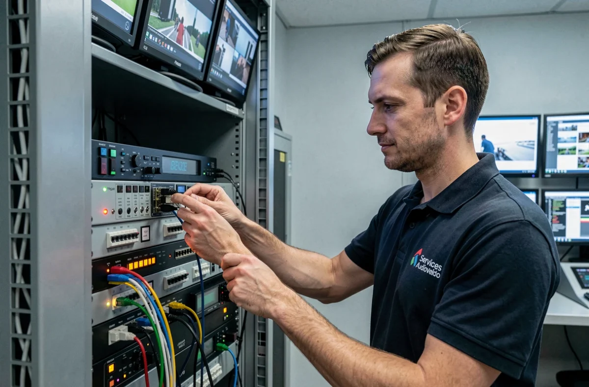 Technicien de Services Technique Audiovideo configurant un enregistreur vidéo dans une salle de contrôle