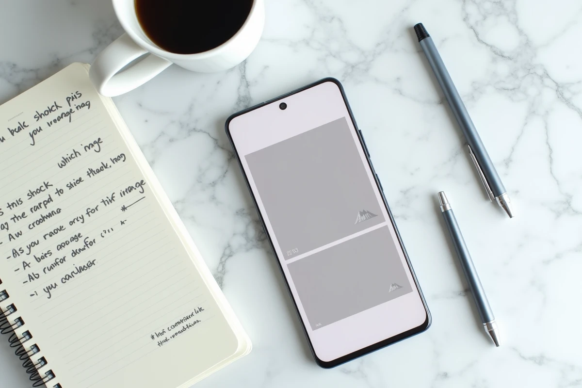 Vue de dessus d'un smartphone affichant des images manquantes sur un site mobile avec des notes de dépannage