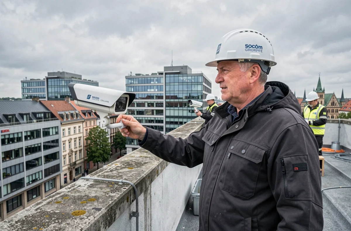 Chef de projet Socom Groupe supervisant l'installation de caméras sur un toit à Strasbourg