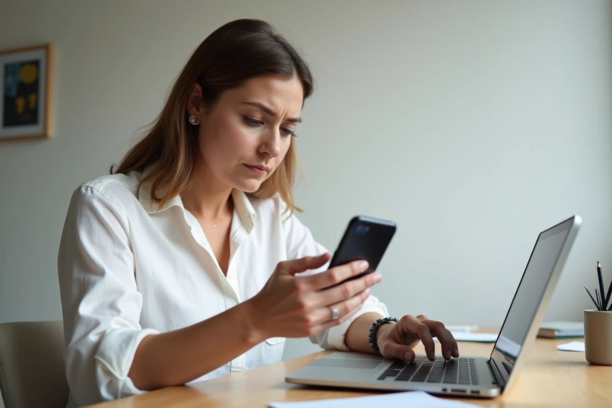 Femme cherchant à supprimer un contact Messenger importé depuis son bureau à domicile