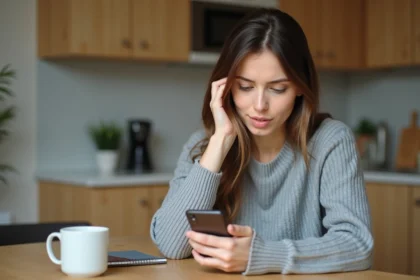 Femme supprimant un contact sur Messenger depuis son smartphone dans une cuisine moderne