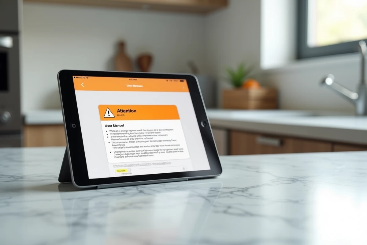 Tablette numérique sur plan de travail en marbre affichant un mode d'emploi avec un badge logo attention orange dans une interface utilisateur