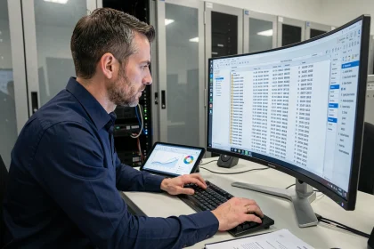 Technicien informatique analysant des journaux d'audit de maintenance sur un écran courbe dans une salle serveur