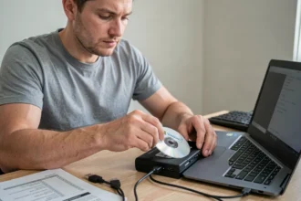 Technicien insérant un DVD Windows 7 dans un lecteur optique USB externe connecté à un ordinateur portable sur un bureau en bois
