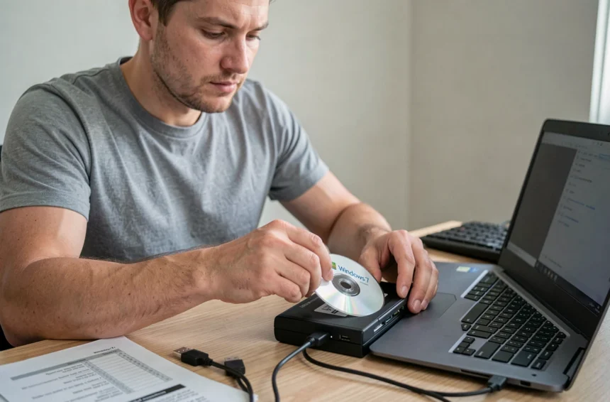 Technicien insérant un DVD Windows 7 dans un lecteur optique USB externe connecté à un ordinateur portable sur un bureau en bois