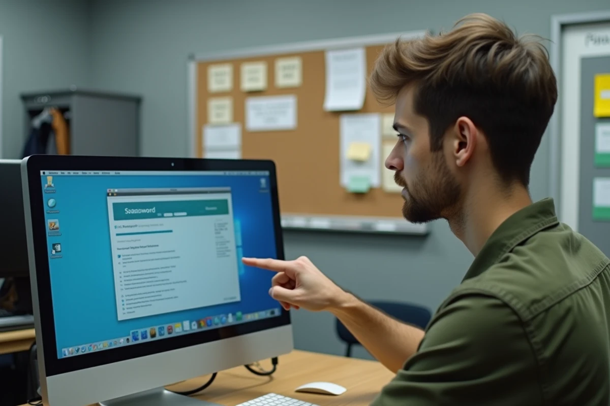 Technicien informatique montrant un outil de gestion de mots de passe sécurisé dans un bureau scolaire