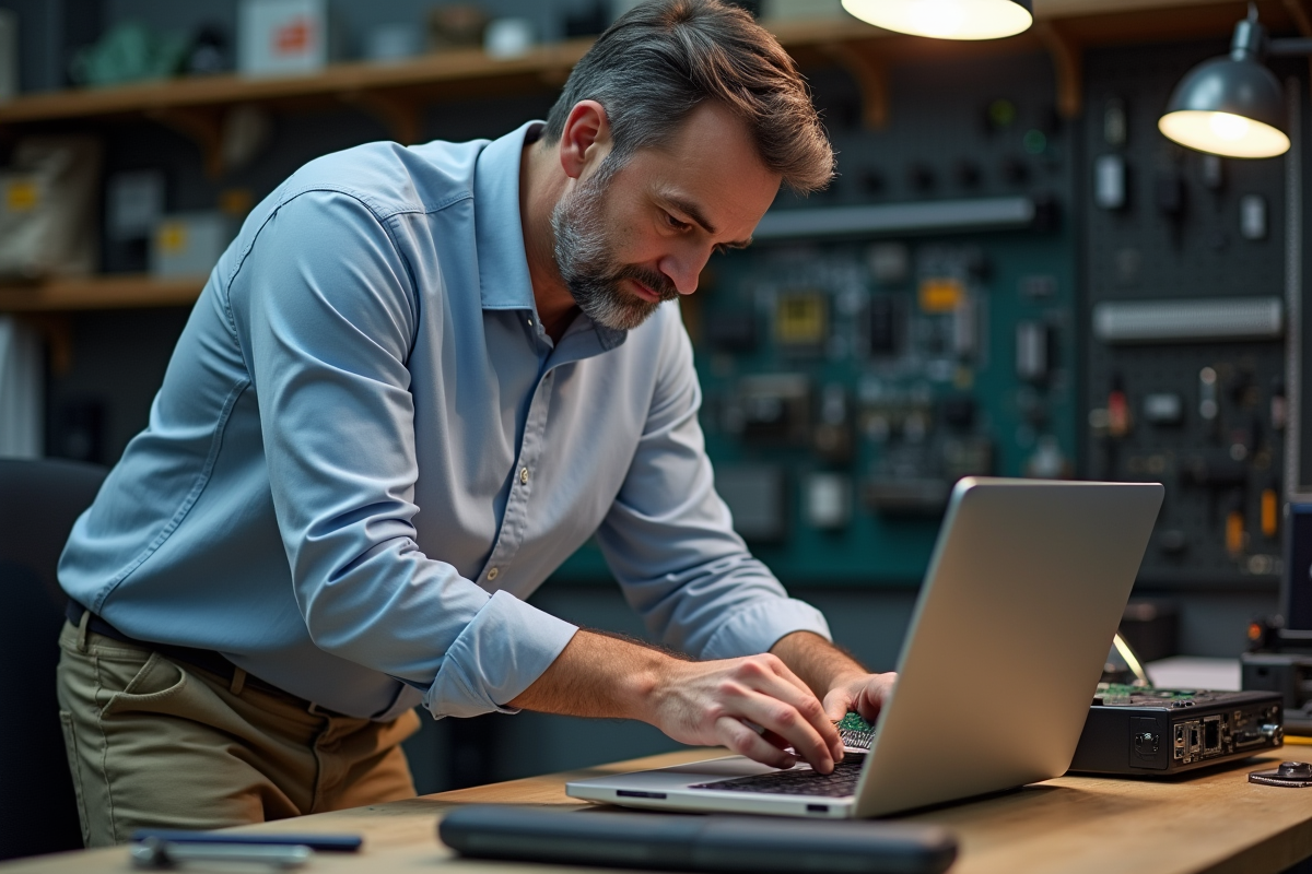 Homme en atelier informatique insérant une mémoire dans un laptop