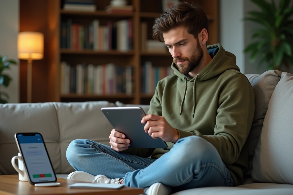 Technicien informatique consultant une liste d'erreurs à éviter lors d'une migration de messagerie web depuis son canapé