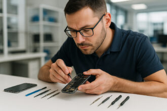 Technicien professionnel répare un smartphone dans un atelier moderne