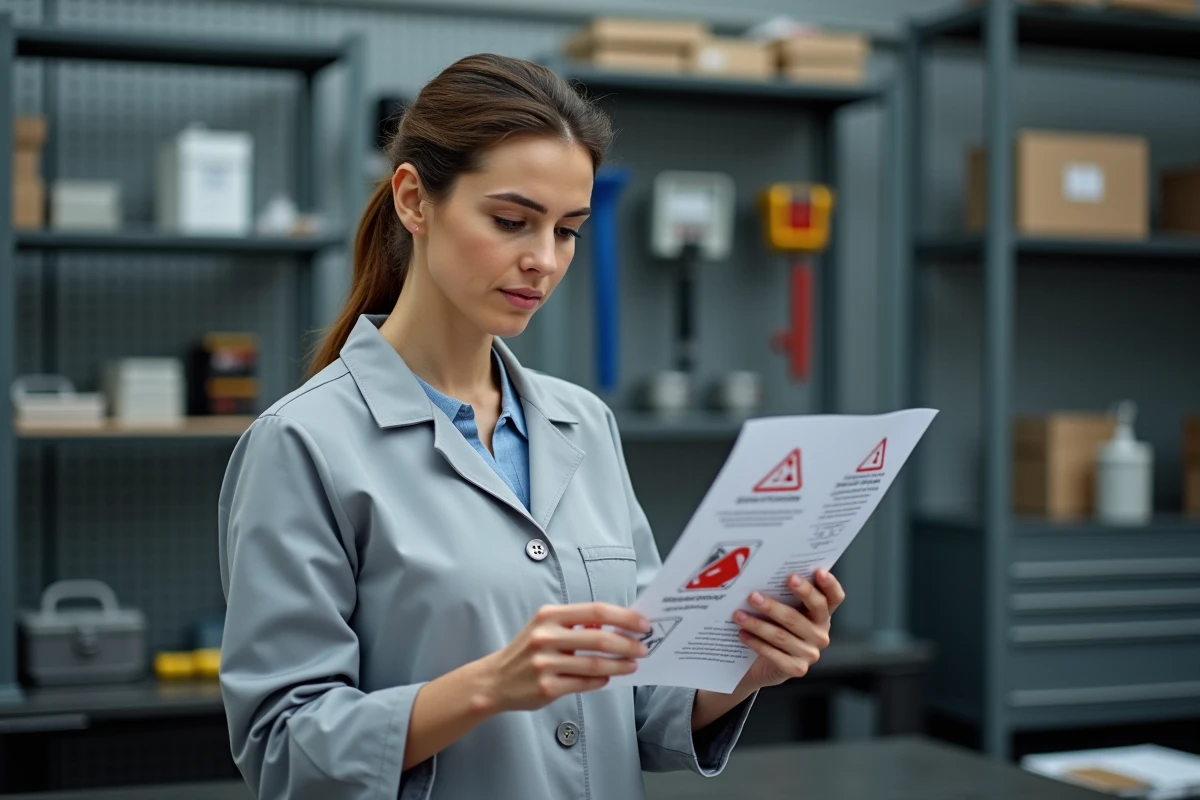Femme technicienne en blouse grise lisant une fiche d'instructions avec un logo attention rouge dans un atelier industriel