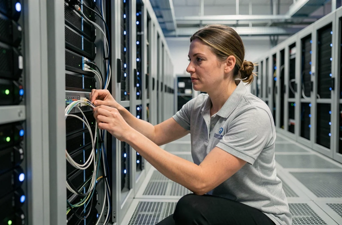 Technicienne informatique installant des câbles dans une salle de serveurs professionnelle dans le Grand Est