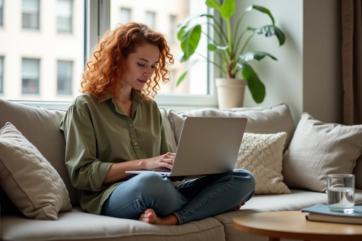 Femme téléchargeant une story Instagram gratuitement depuis un navigateur sur MacBook Air dans son salon