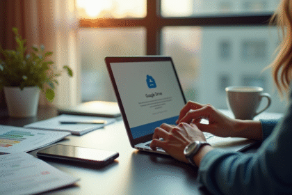 Main tenant un ordinateur portable avec smartphone sur un bureau moderne