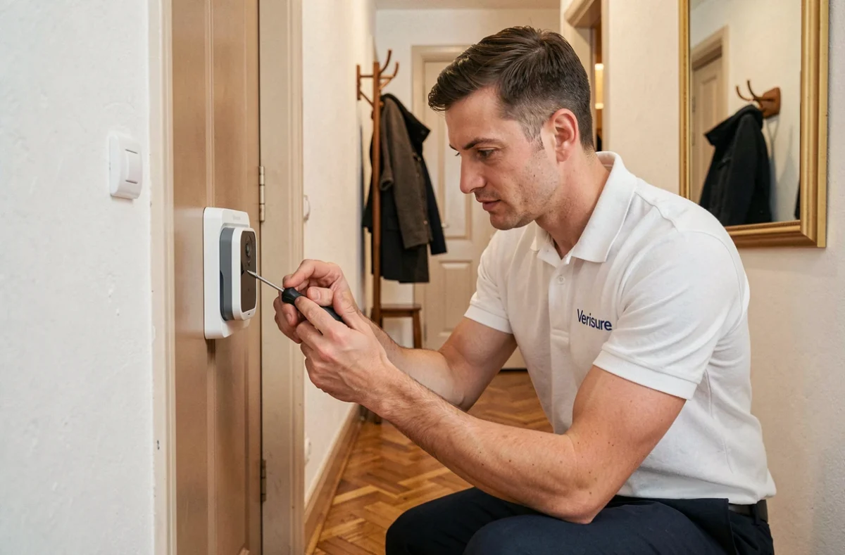Technicien Verisure installant un panneau d'alarme connecté avec caméra dans un appartement