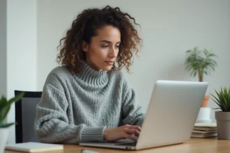 Femme utilisant un MacBook Pro pour vider le cache système dans un bureau minimaliste à domicile
