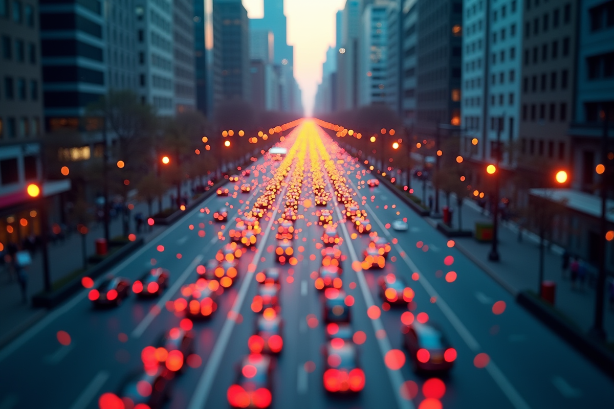 Vue aérienne d une rue animée avec des points colorés représentant le trafic