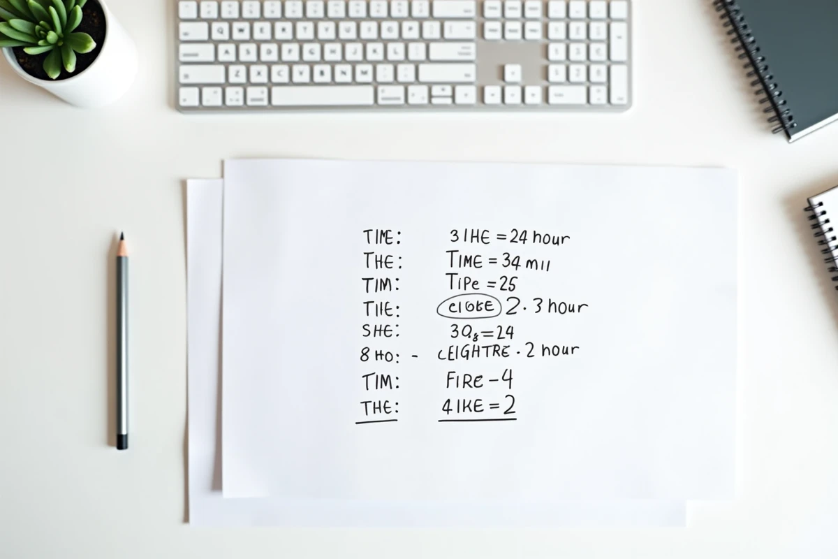 Vue aérienne d'un clavier et d'une feuille Excel imprimée avec des formules de soustraction d'heures dépassant 24 heures annotées au crayon