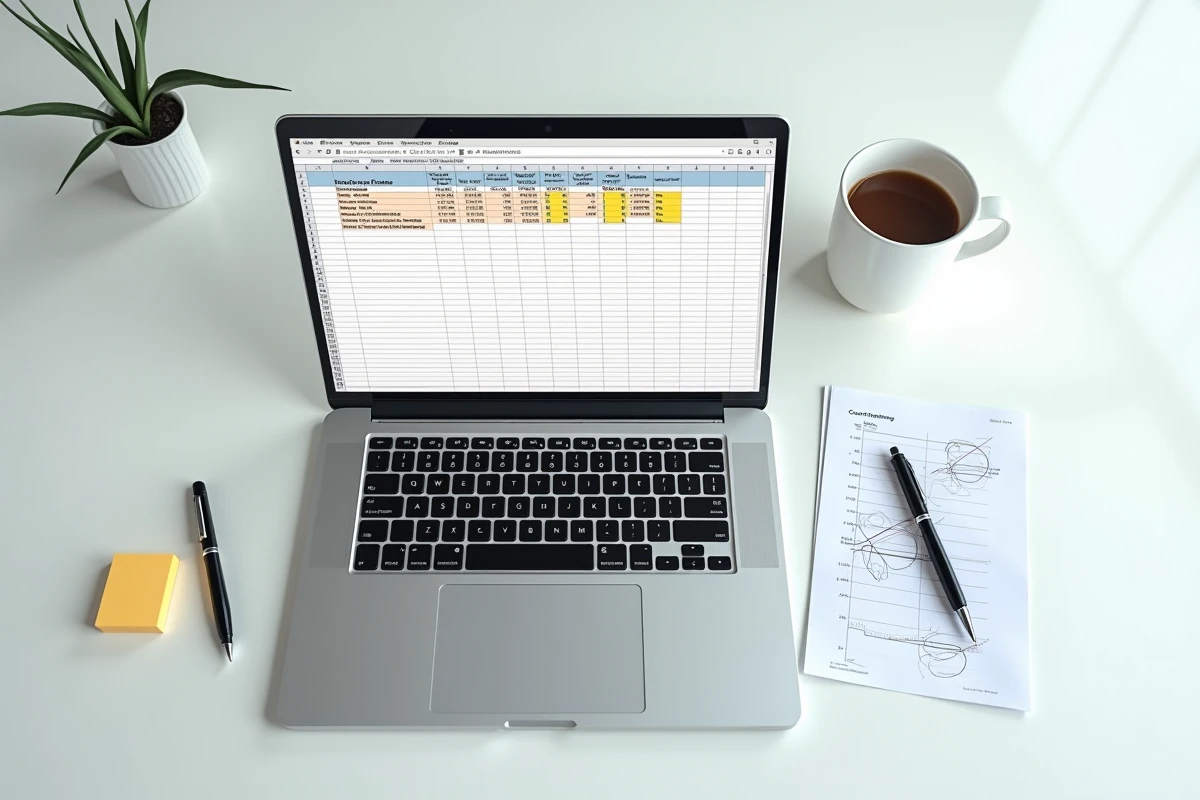 Vue de dessus d'un bureau avec un ordinateur portable affichant un tableau Excel et des lignes en double surlignées