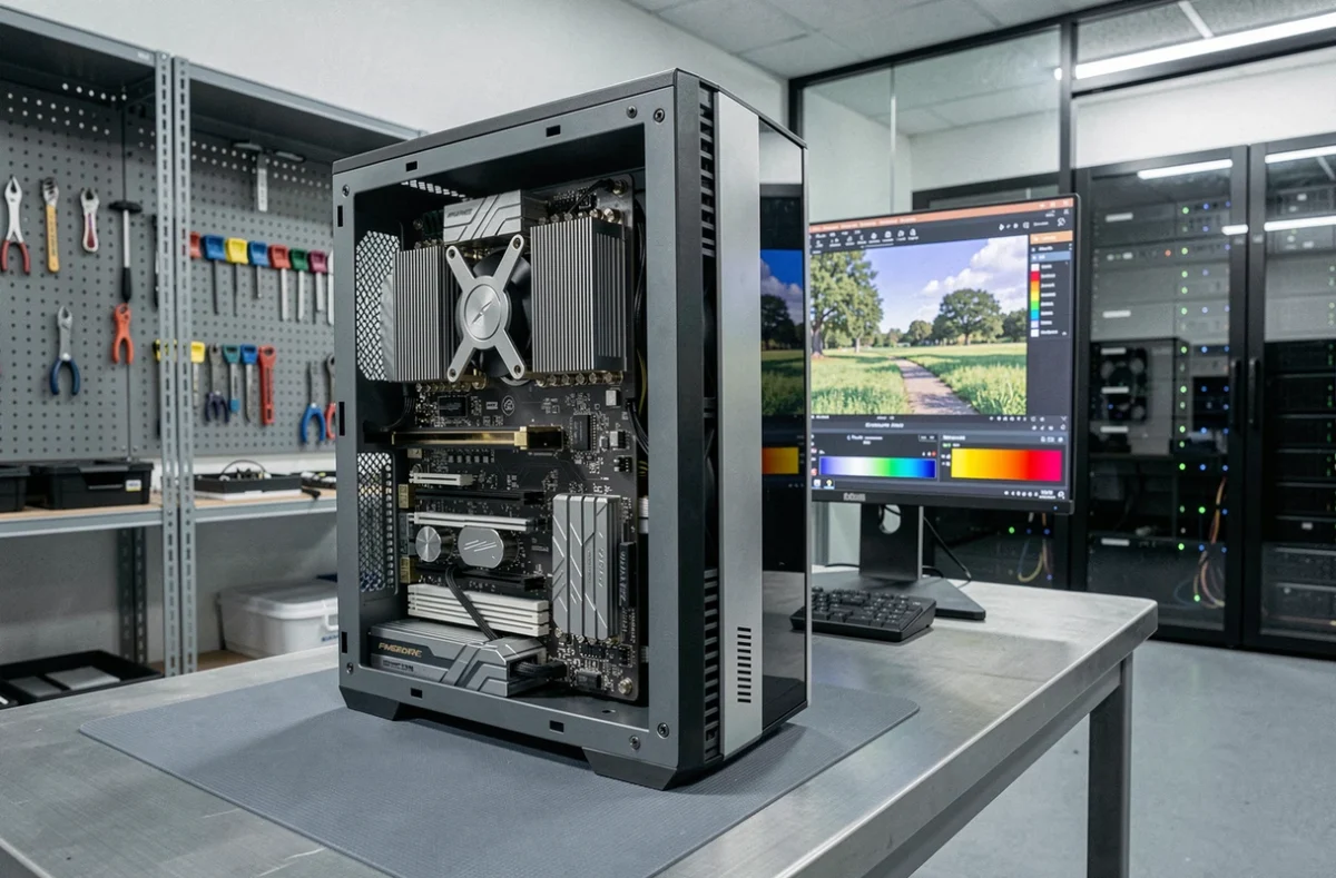 Station de travail haute performance avec GPUs dédiés au rendu Neural Radiance Fields et à l'inférence de modèles d'intelligence artificielle 3D